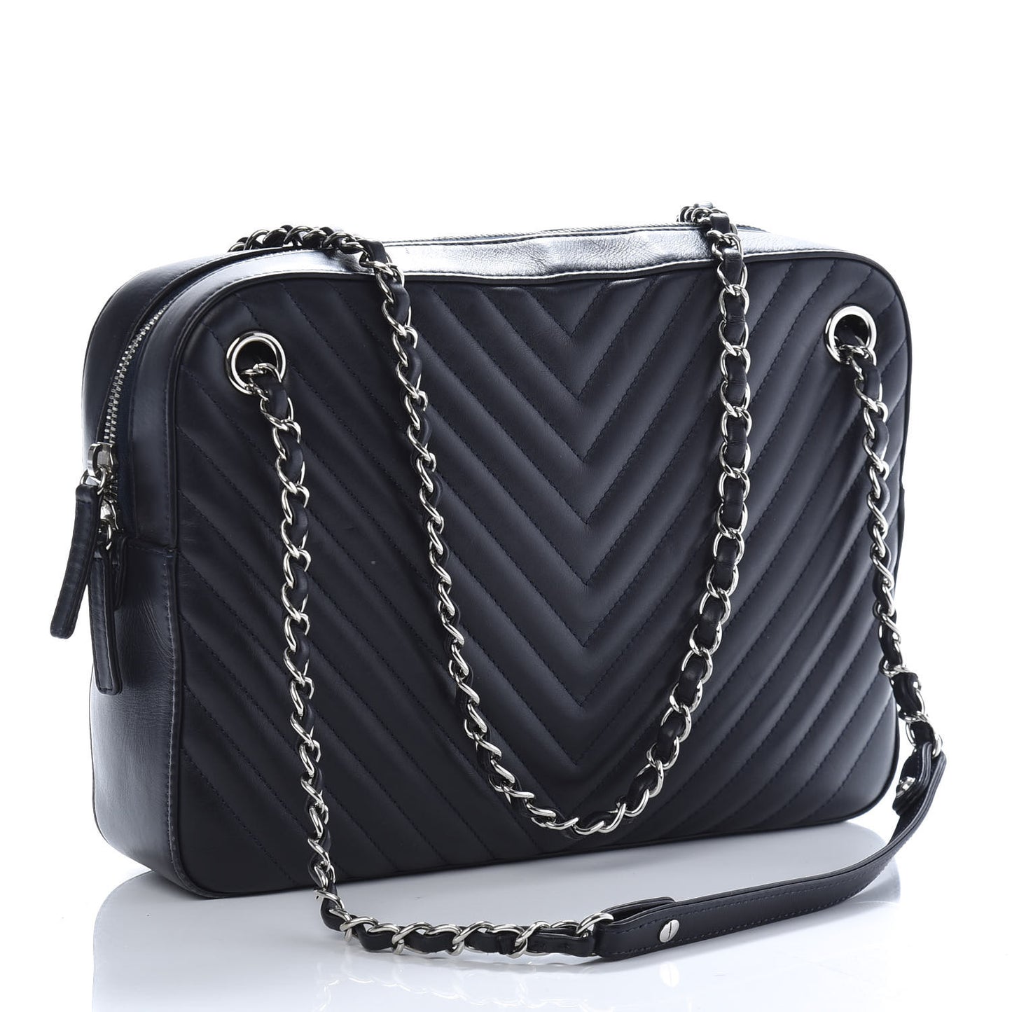 Calfskin Chevron Quilted Double Camera Bag With Flap Black