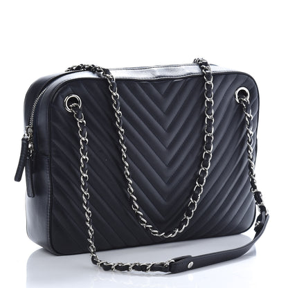 Chanel Calfskin Chevron Quilted Double Camera Bag With Flap Black 3 of 13