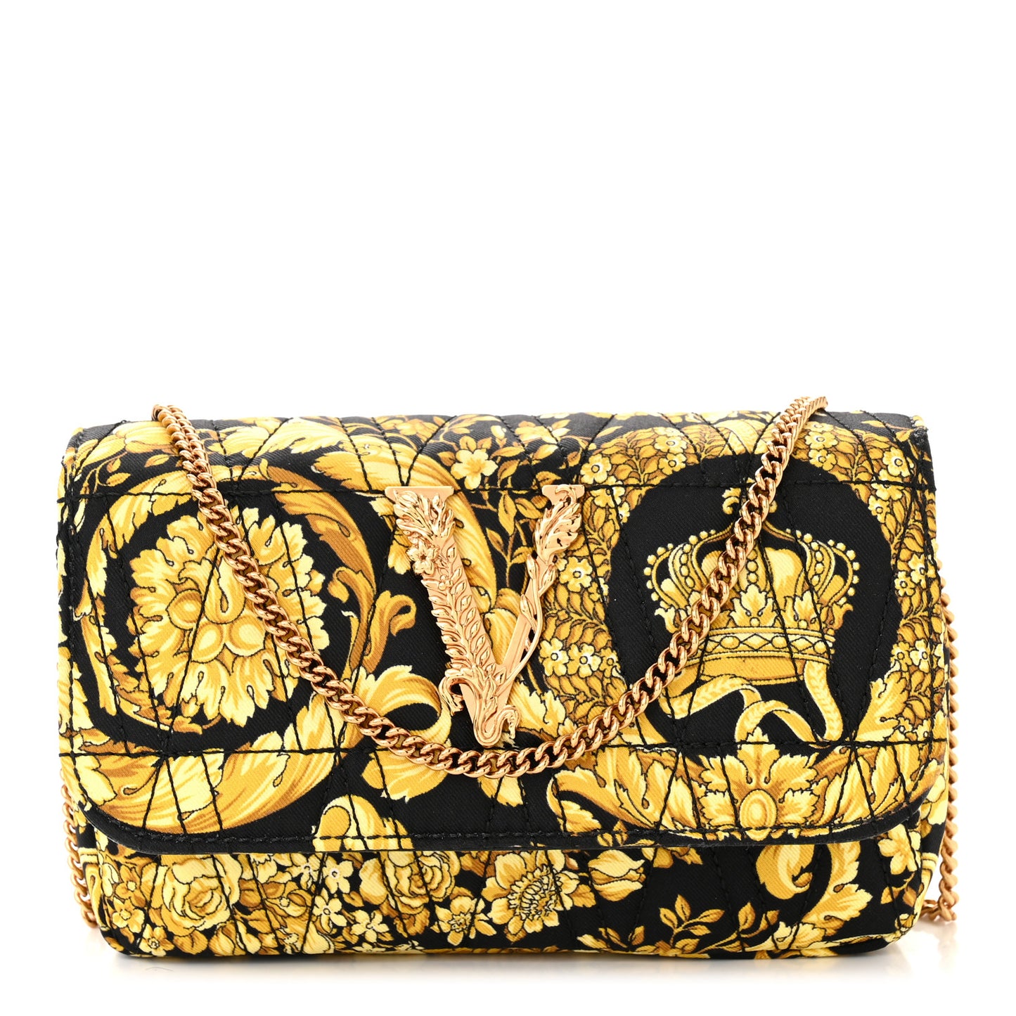 Silk Barocco Printed Quilted Virtus V Mini Chain Flap Shoulder Bag Black Gold