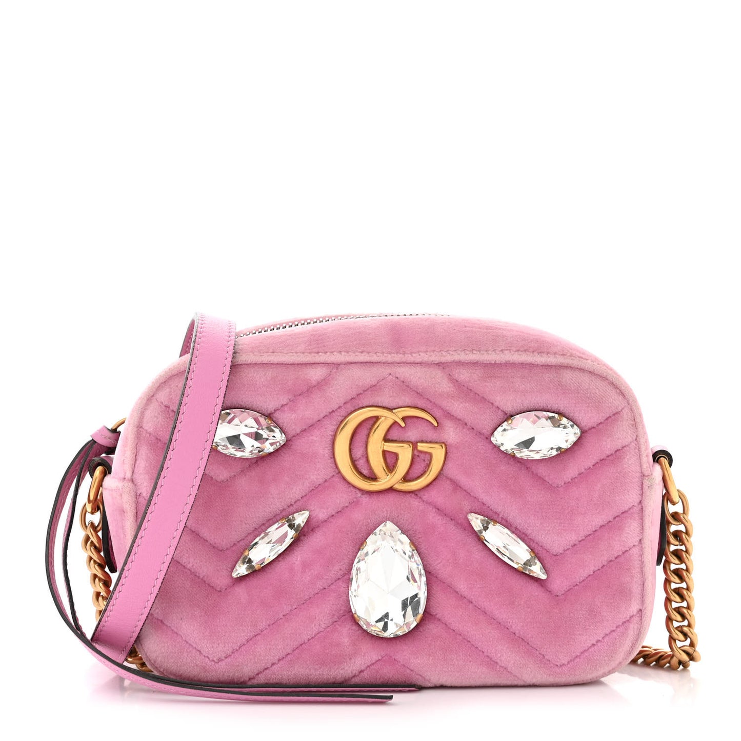 Velvet Matelasse Marquise Crystals Mini GG Marmont Chain Shoulder Bag Malva
