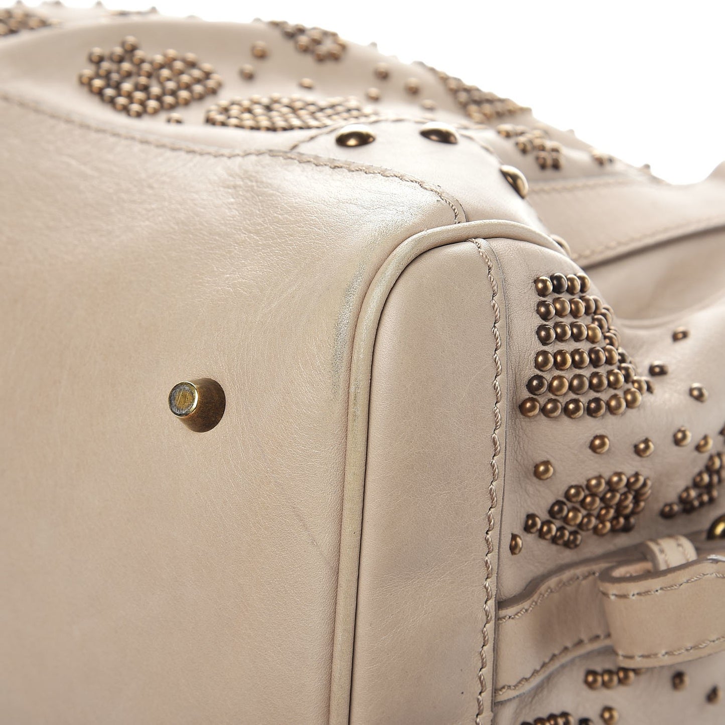 Calfskin Heart Studded Satchel Beige