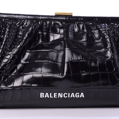 Balenciaga Shiny Supple Calfskin Logo Crocodile Embossed XL Cloud Clutch Black White 10 of 10