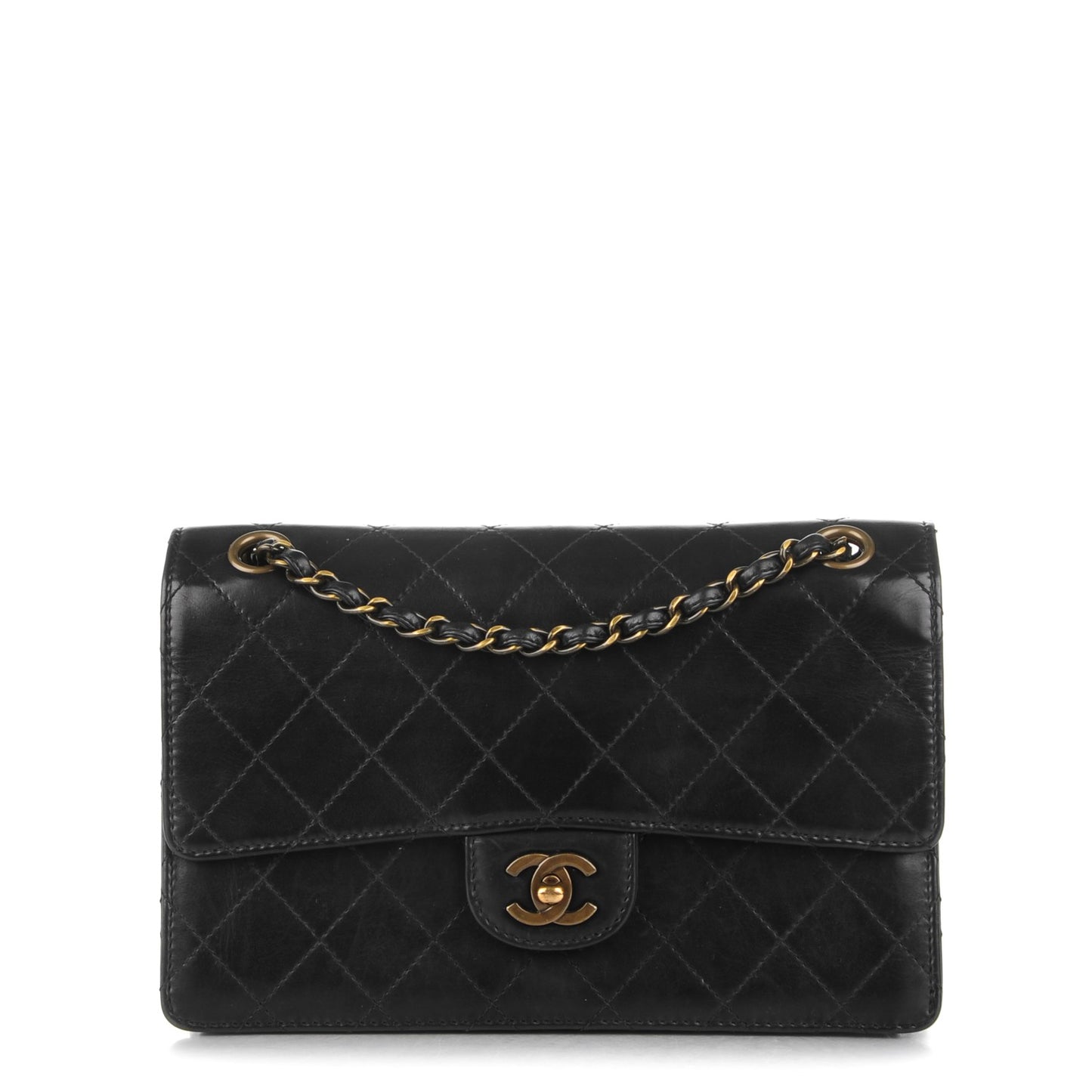 Calfskin Stitched Medium Single Flap Black