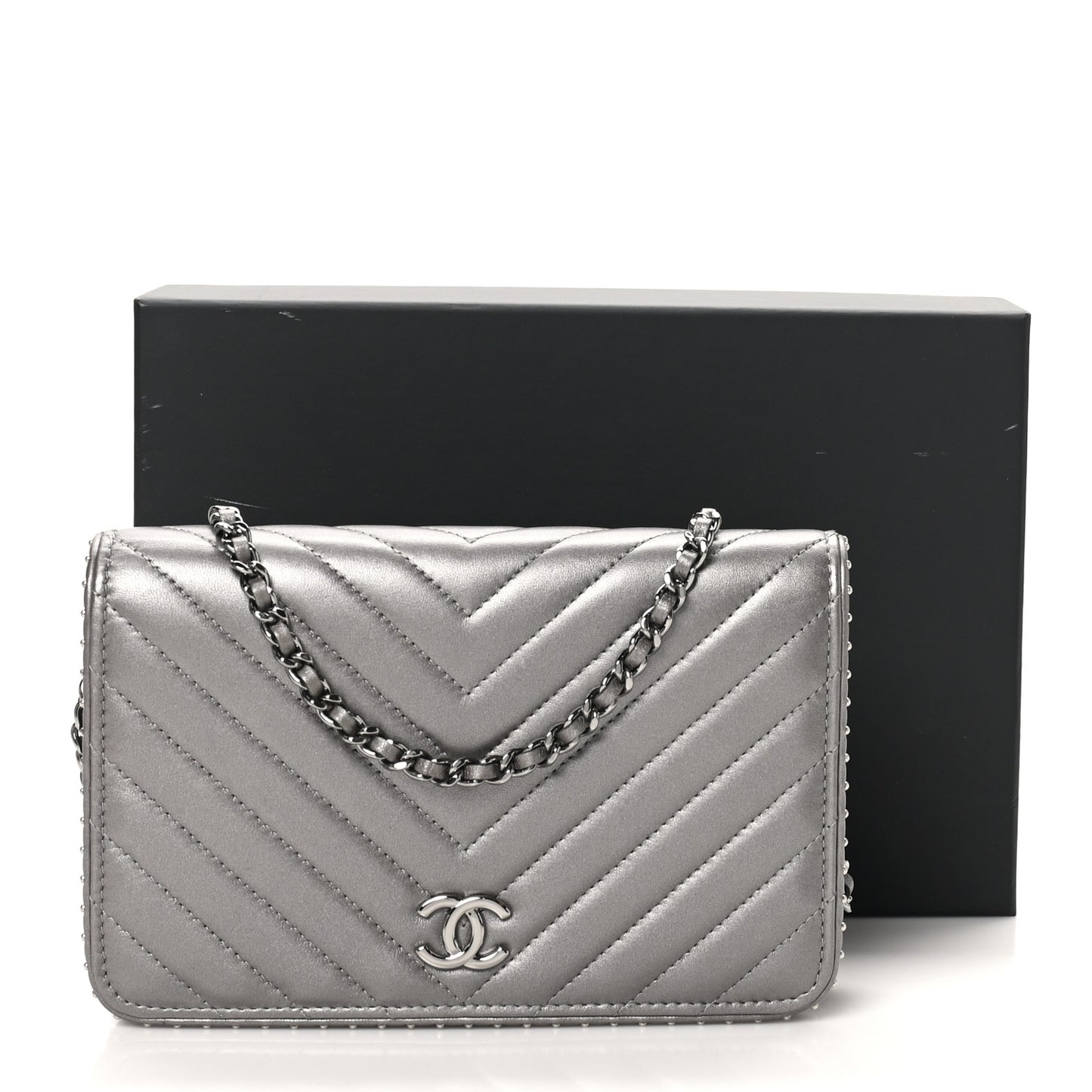 Lambskin Chevron Quilted Studded Wallet On Chain WOC Dark Silver