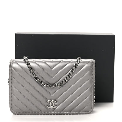 Chanel Lambskin Chevron Quilted Studded Wallet On Chain WOC Dark Silver 10 of 11