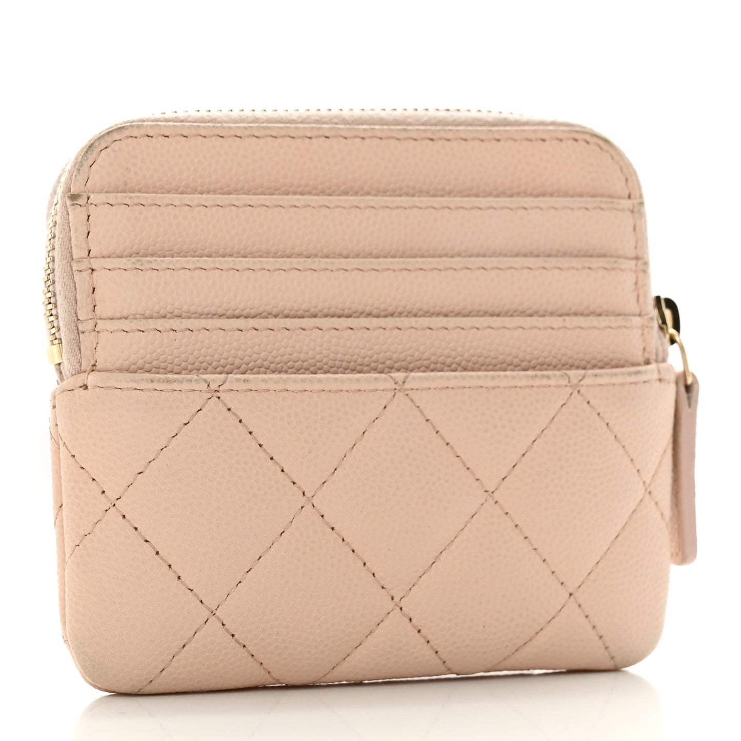 Caviar Quilted Zip Card Holder Wallet Light Beige