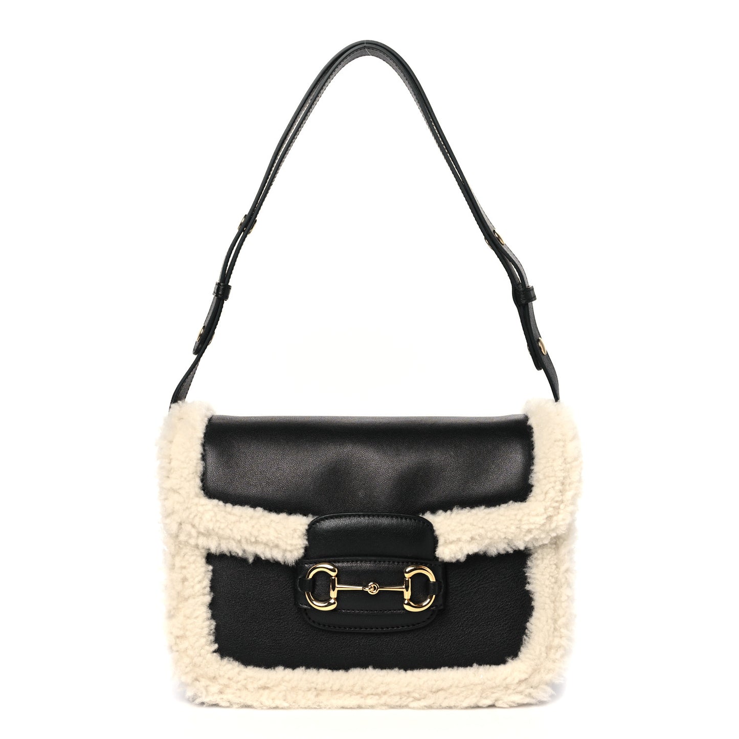 Sakai Be Green Calfskin Shearling Horsebit 1955 Shoulder Bag Black