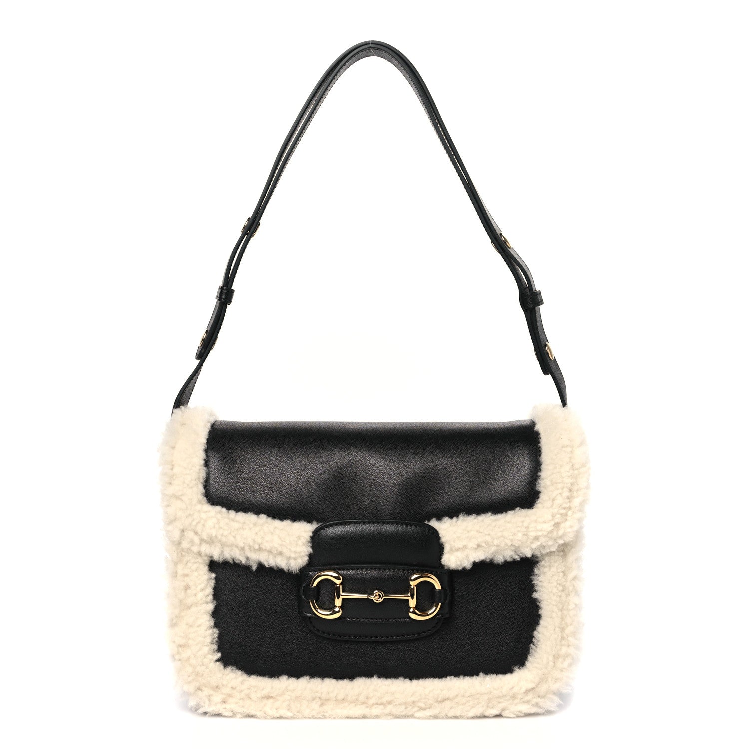 Gucci Sakai Be Green Calfskin Shearling Horsebit 1955 Shoulder Bag Black 1 of 10
