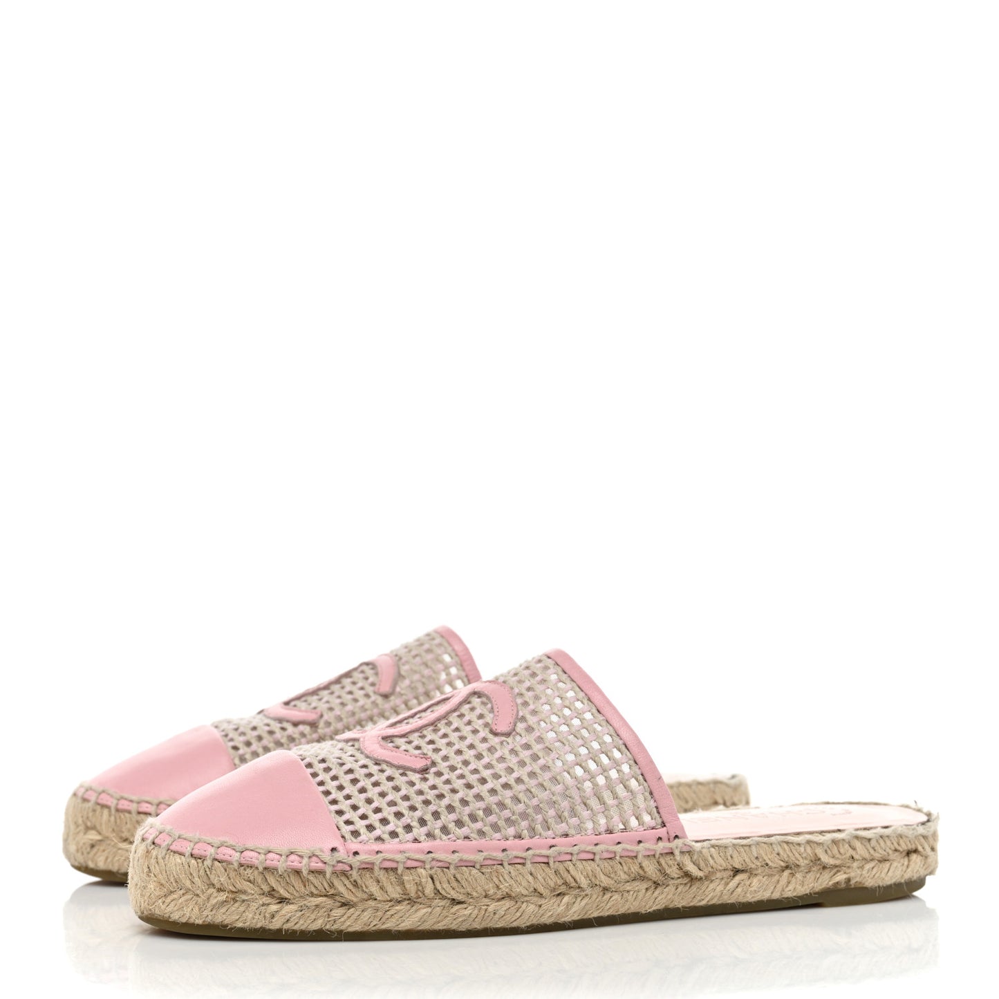 Mesh Grosgrain Lambskin CC Espadrilles Mule 39 Light Pink Beige