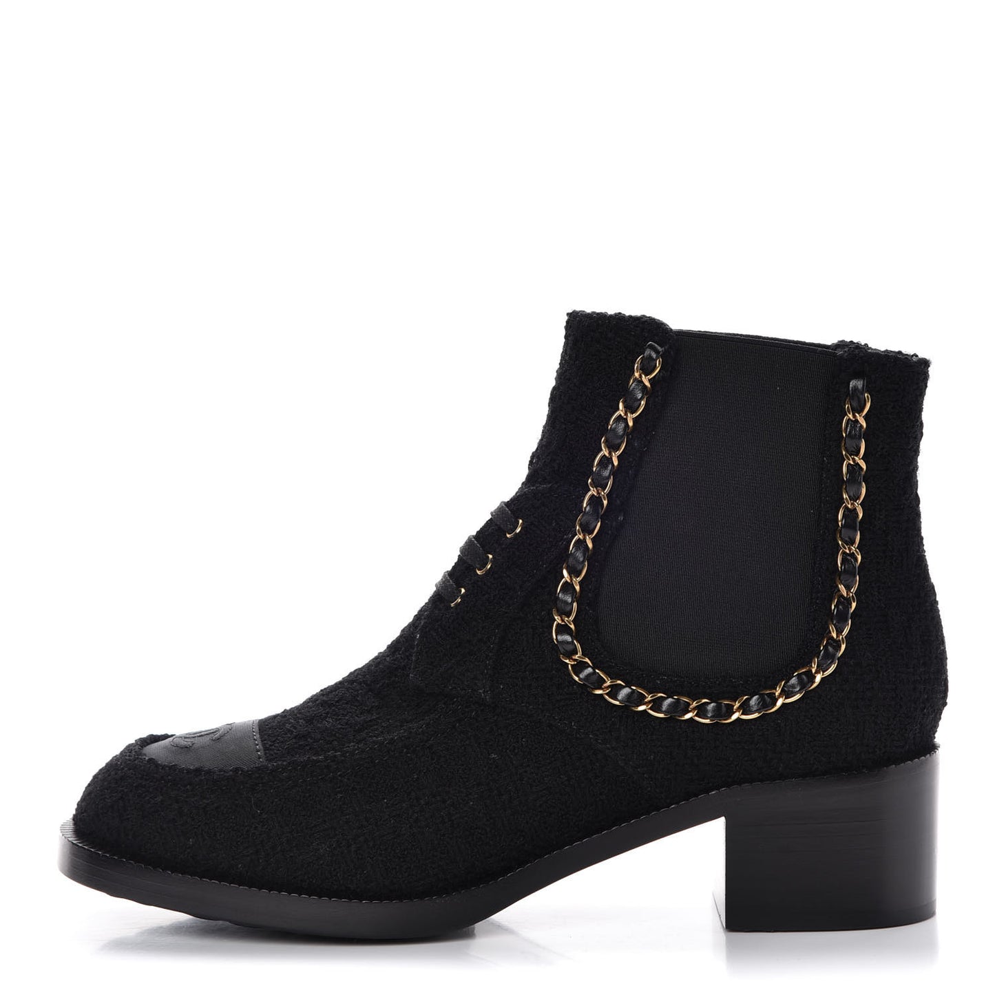 Tweed Calfskin Chain Lace Up Boots 39.5 Black