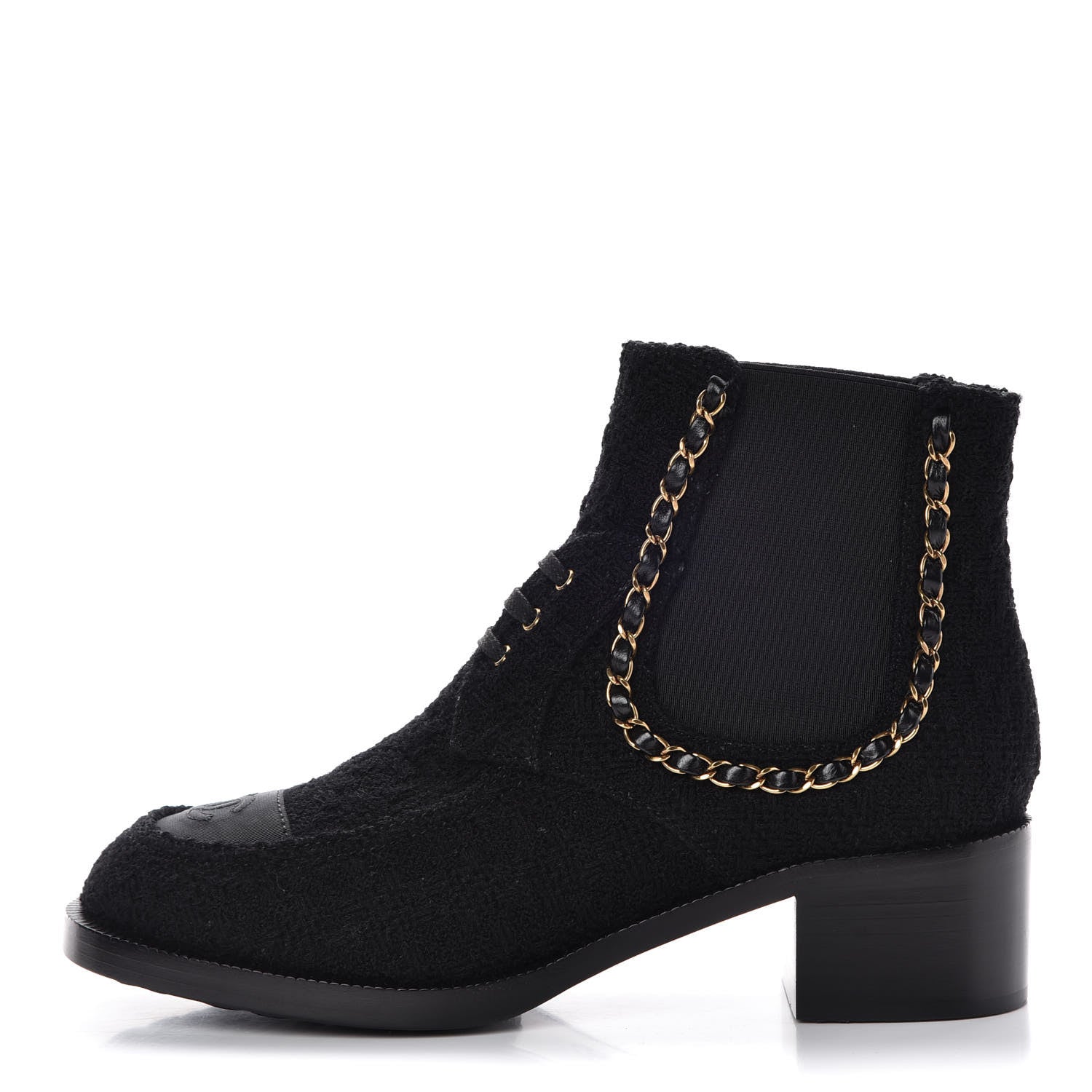 Chanel Tweed Calfskin Chain Lace Up Boots 39.5 Black 1 of 10