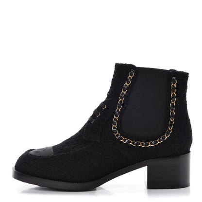 Chanel Tweed Calfskin Chain Lace Up Boots 39.5 Black 1 of 10