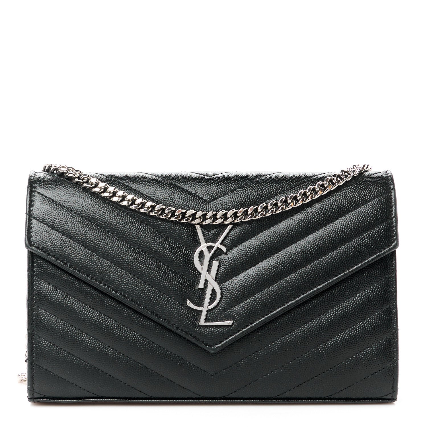 Saint Laurent Grain De Poudre Matelasse Chevron Monogram Chain Wallet Black 1 of 10