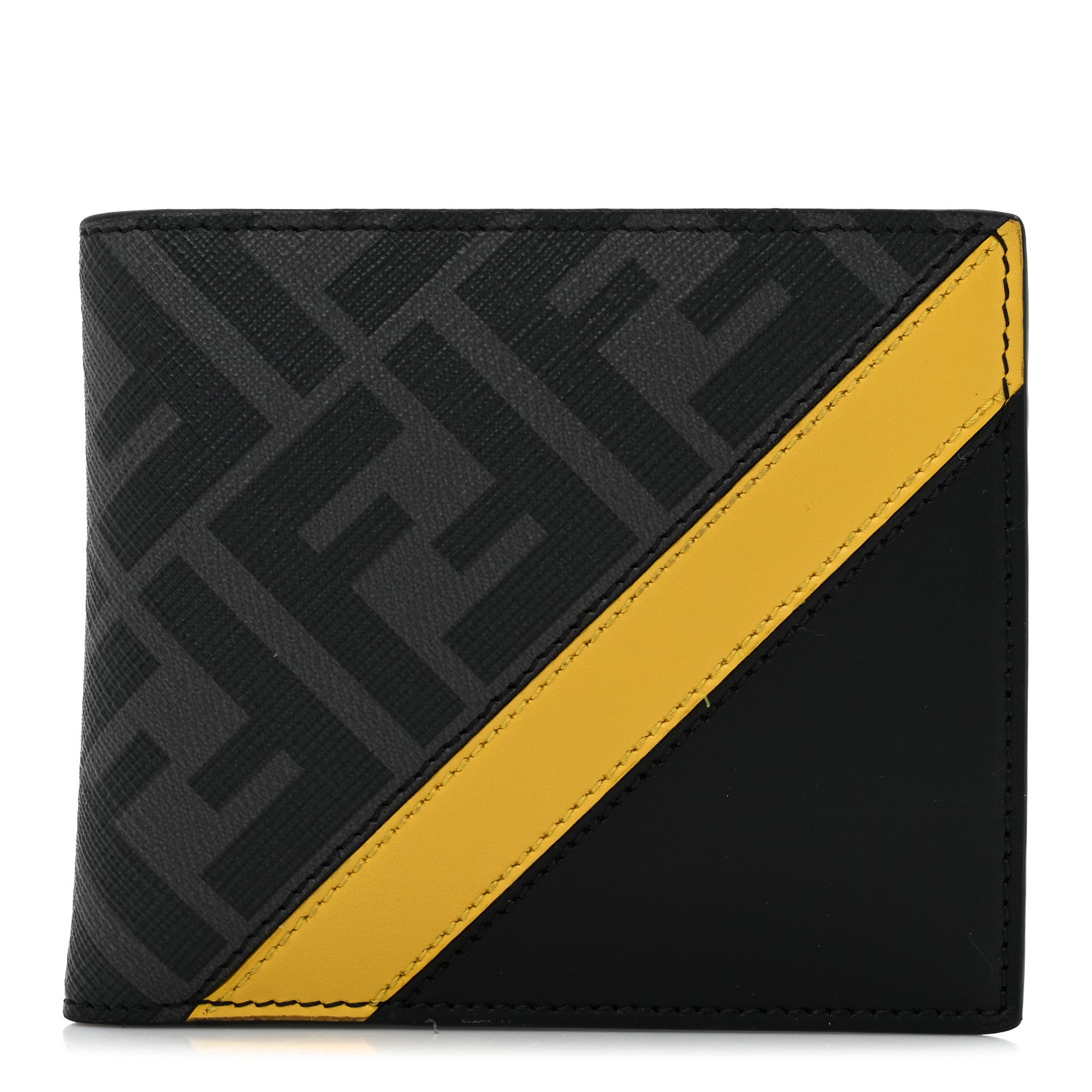 Fendi Glazed Fabric Vitello King FF 1974 Diagonal Bi-Fold Wallet Grey Black Sunflower 1 of 10