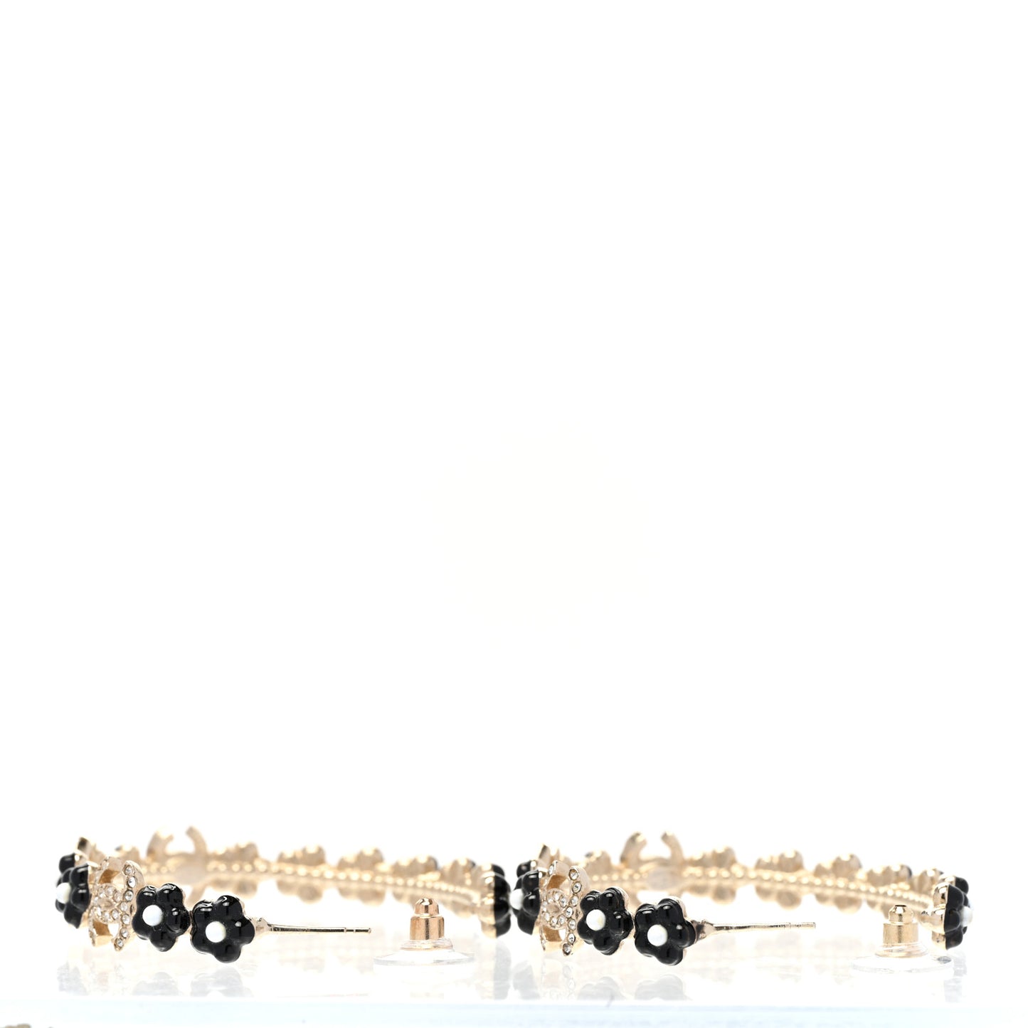 Metal Strass Crystal Flower CC Hoop Earrings Gold Black White