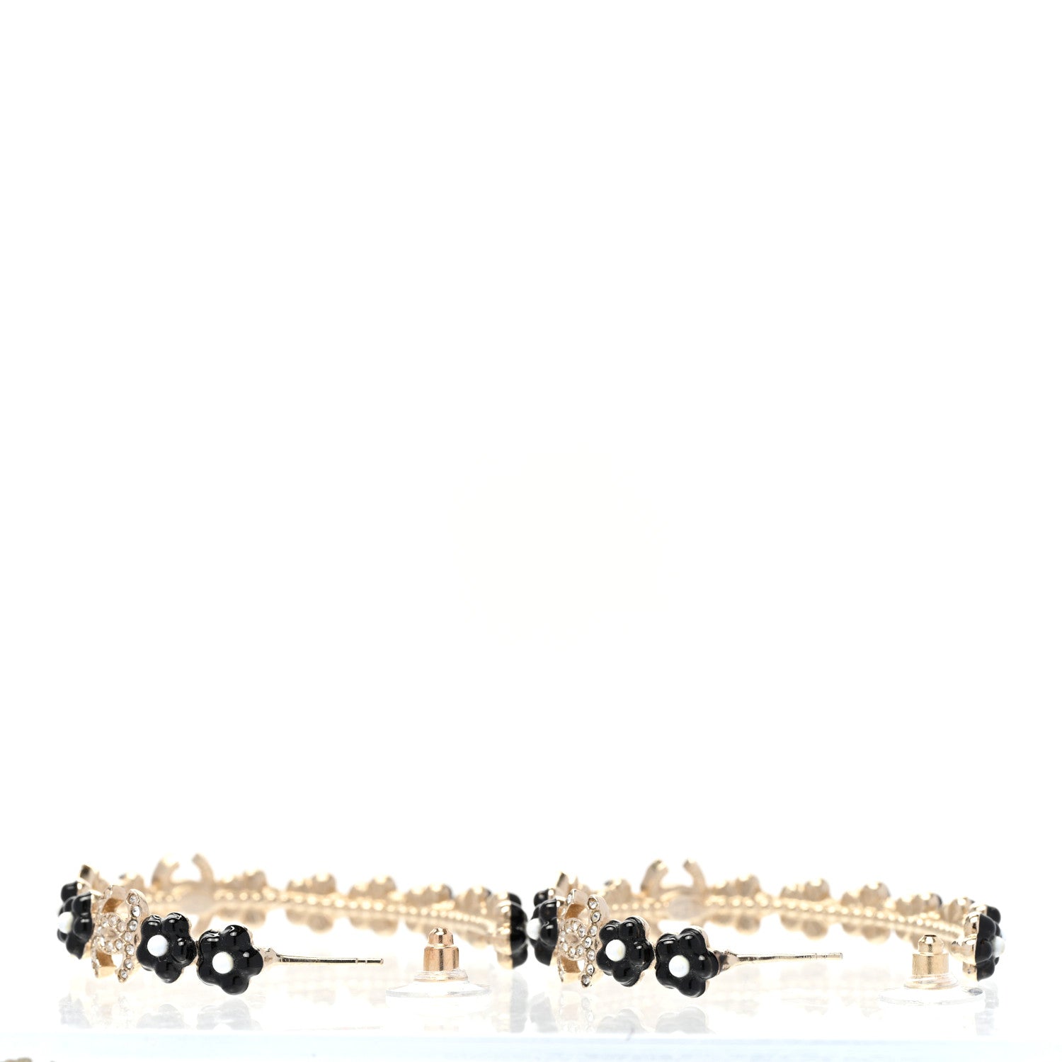 Chanel Metal Strass Crystal Flower CC Hoop Earrings Gold Black White 4 of 5