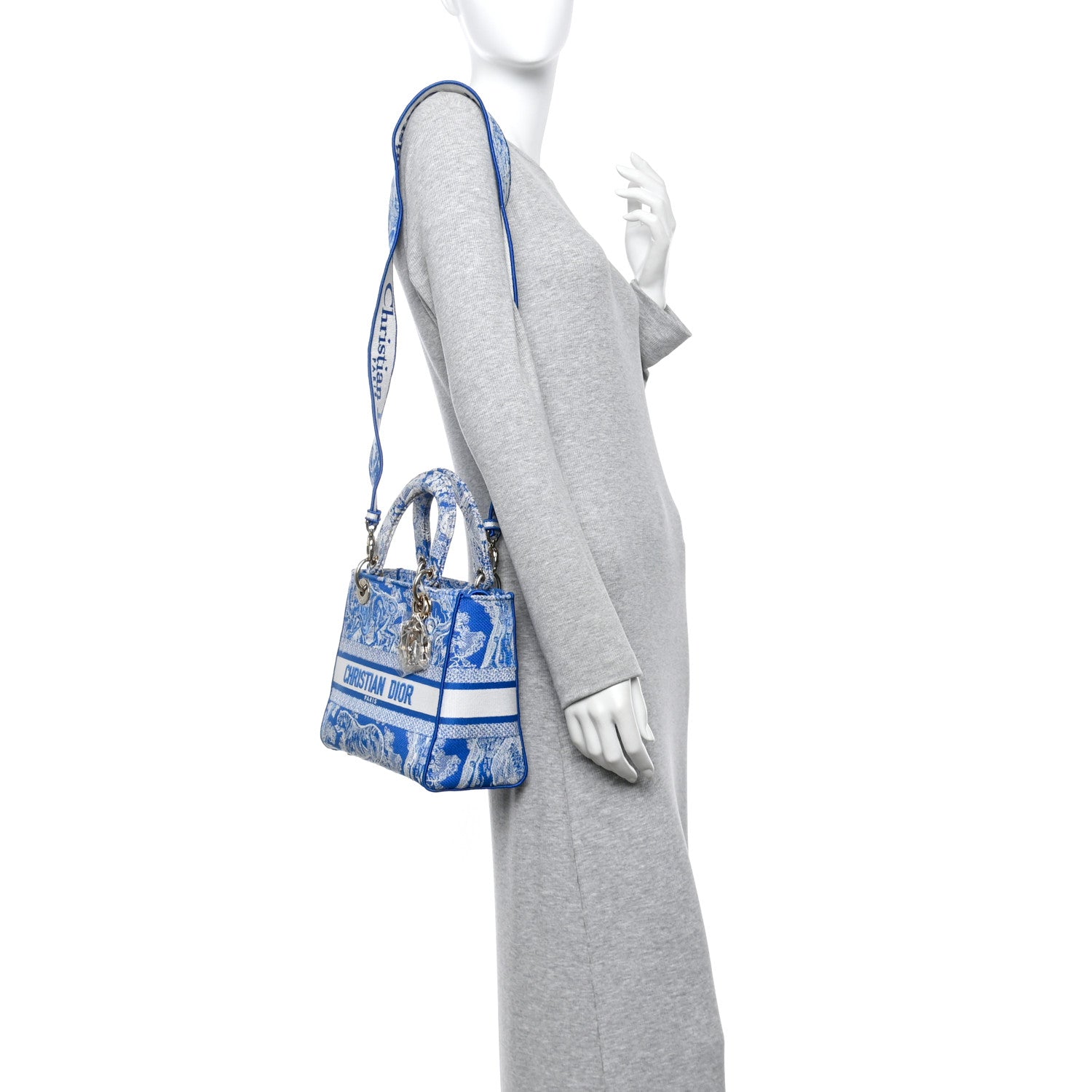 Christian Dior Canvas Toile De Jouy Reverse Embroidered Medium Lady D-Lite Fluorescent Blue 2 of 15