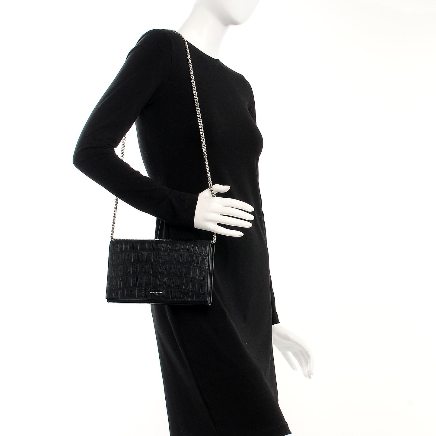 Lambskin Crocodile Embossed Classic Paris Chain Wallet Black