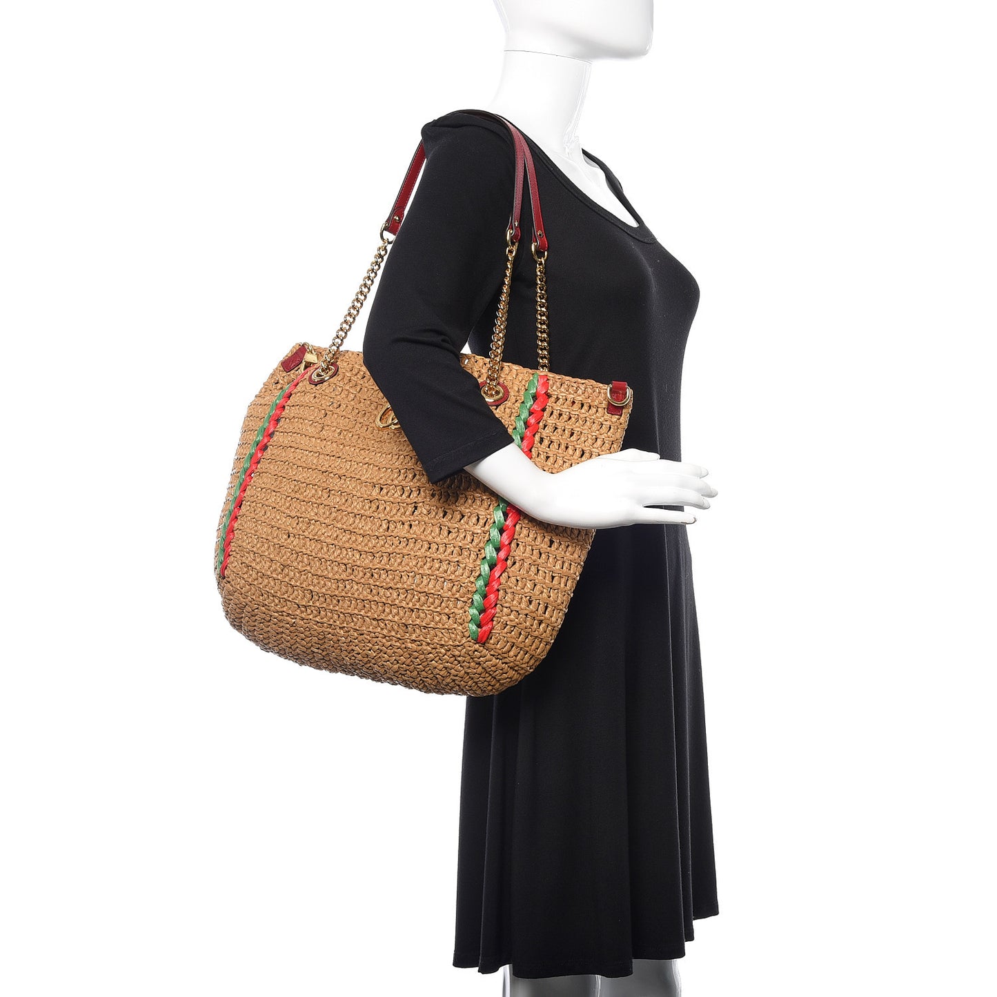 Raffia Effect Large GG Marmont Shoulder Tote Bag Natural Red Green