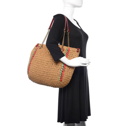 Gucci Raffia Effect Large GG Marmont Shoulder Tote Bag Natural Red Green 2 of 10
