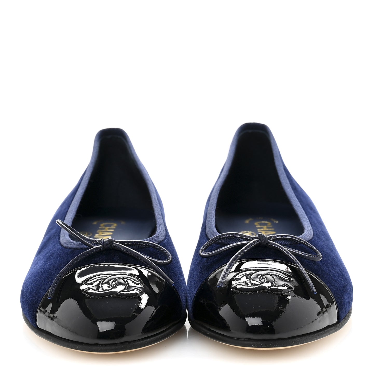Velvet Patent Calfskin Cap Toe Ballerina Flats 37.5 Navy Black