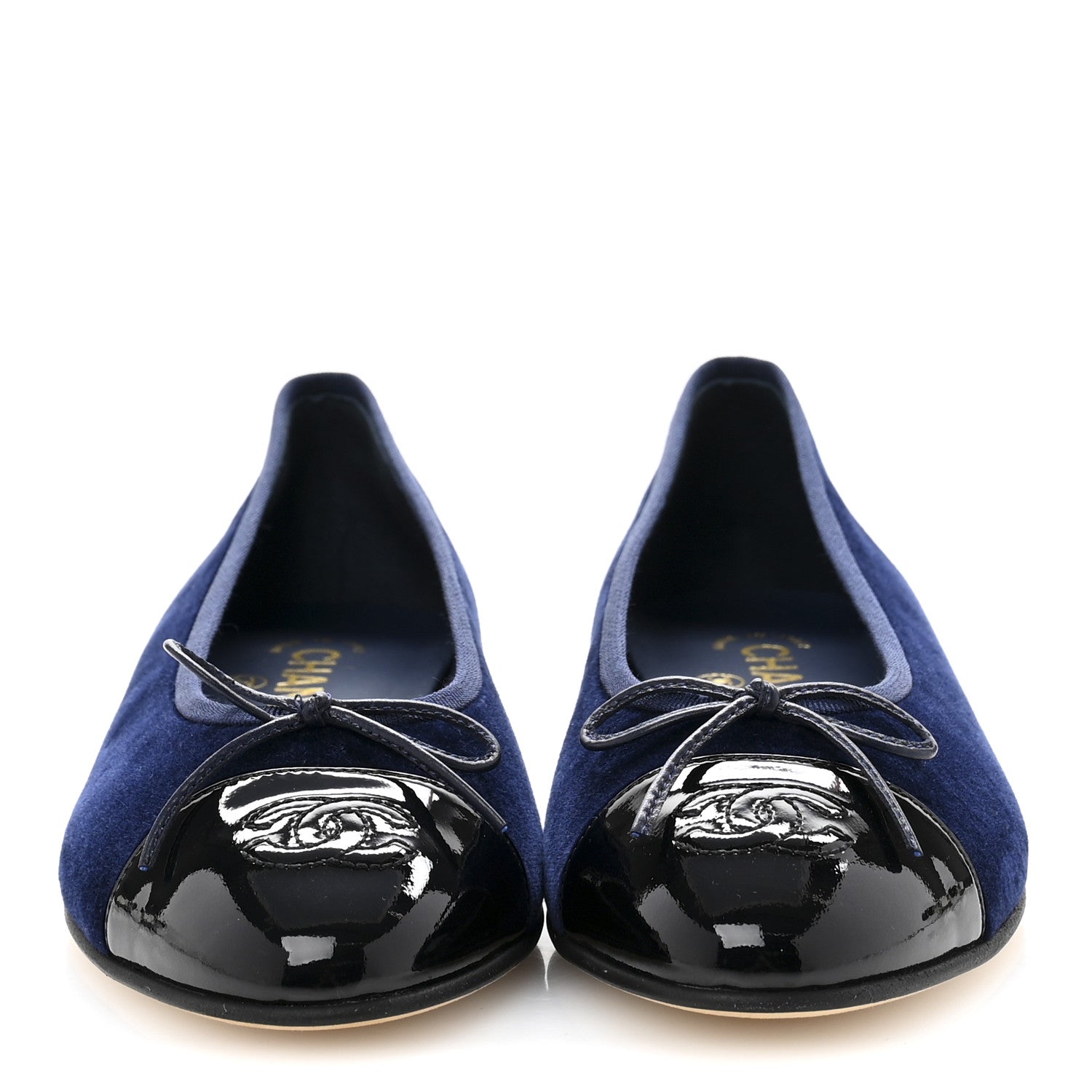 Chanel Velvet Patent Calfskin Cap Toe Ballerina Flats 37.5 Navy Black 2 of 10