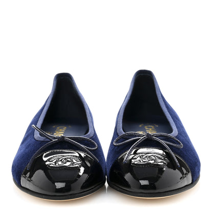 Chanel Velvet Patent Calfskin Cap Toe Ballerina Flats 37.5 Navy Black 2 of 10
