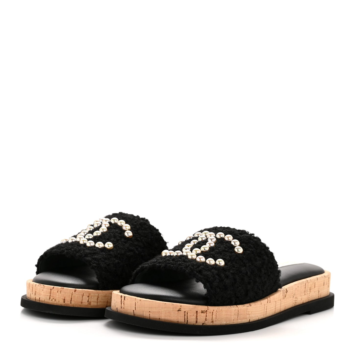 Fabric Pearl Cork CC Slip On Sandals 38 Black