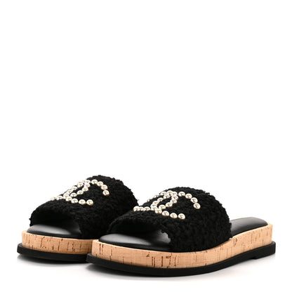 Chanel Fabric Pearl Cork CC Slip On Sandals 38 Black 4 of 10