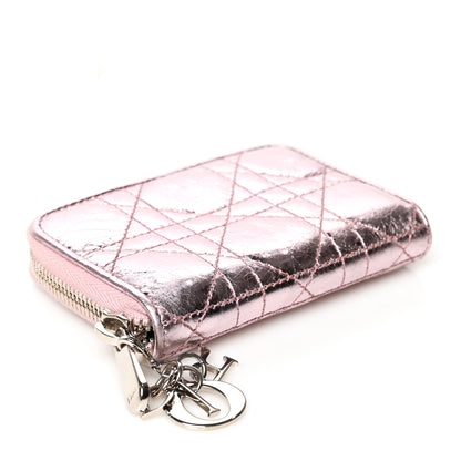 Christian Dior Metallic Calfskin Cannage Mini Lady Dior Zip Portemonnaie Pink 4 of 8