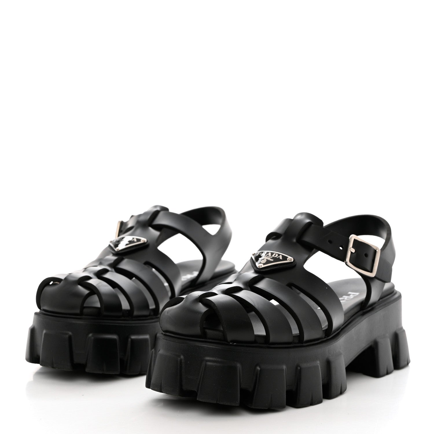 Prada Foam Rubber Triangle Logo Monolith 55mm Cage Sandals 39 Black 3 of 9