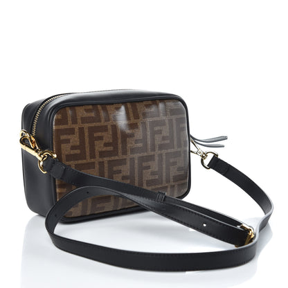 Fendi Glazed Fabric Vitello Century FF 1974 Stamp Patch Mini Camera Case Mogano Panna Black 3 of 9