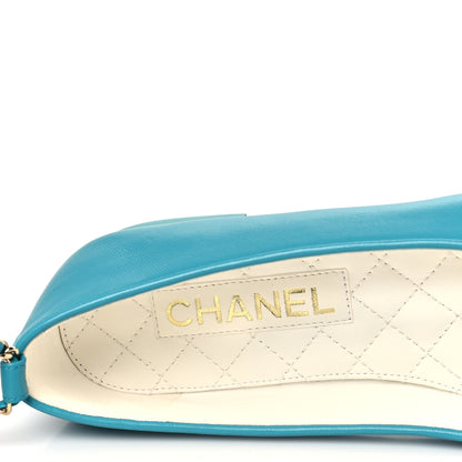 Chanel Lambskin Patent Calfskin Cap Toe Ankle Chain Ballerina Flats 37 Turquoise 7 of 10