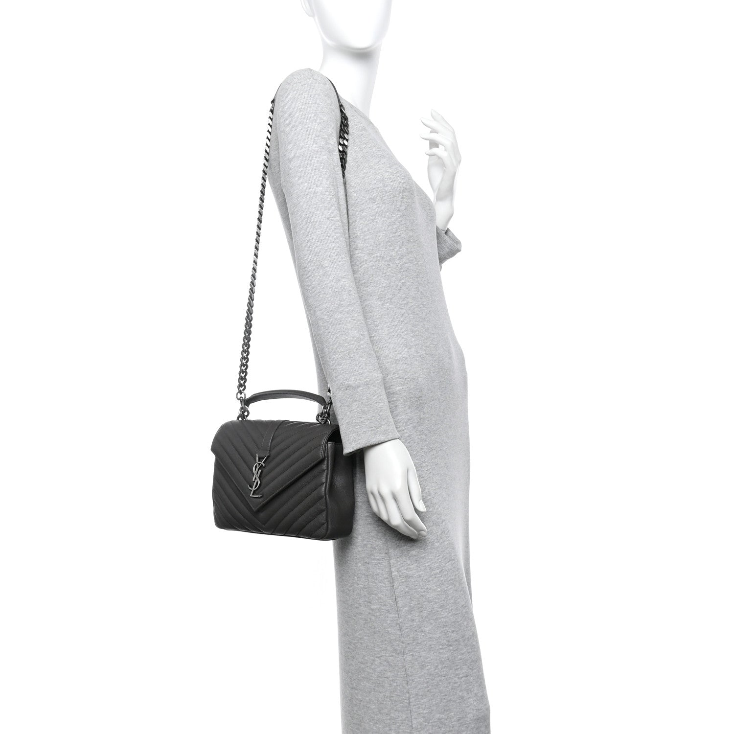 Saint Laurent Sheepskin Matelasse Chevron Monogram Medium College Bag Asphalt 2 of 13
