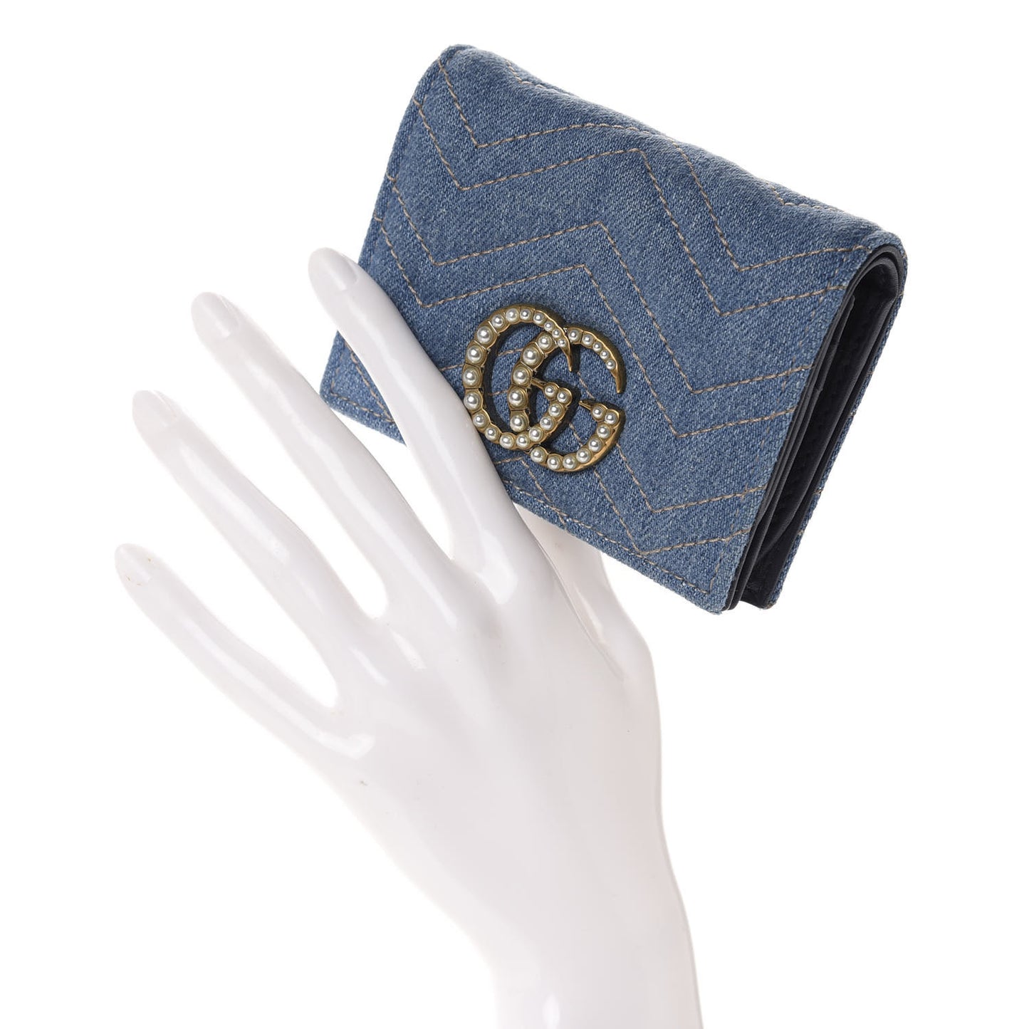Denim Matelasse Pearly GG Marmont Card Case Wallet Blue