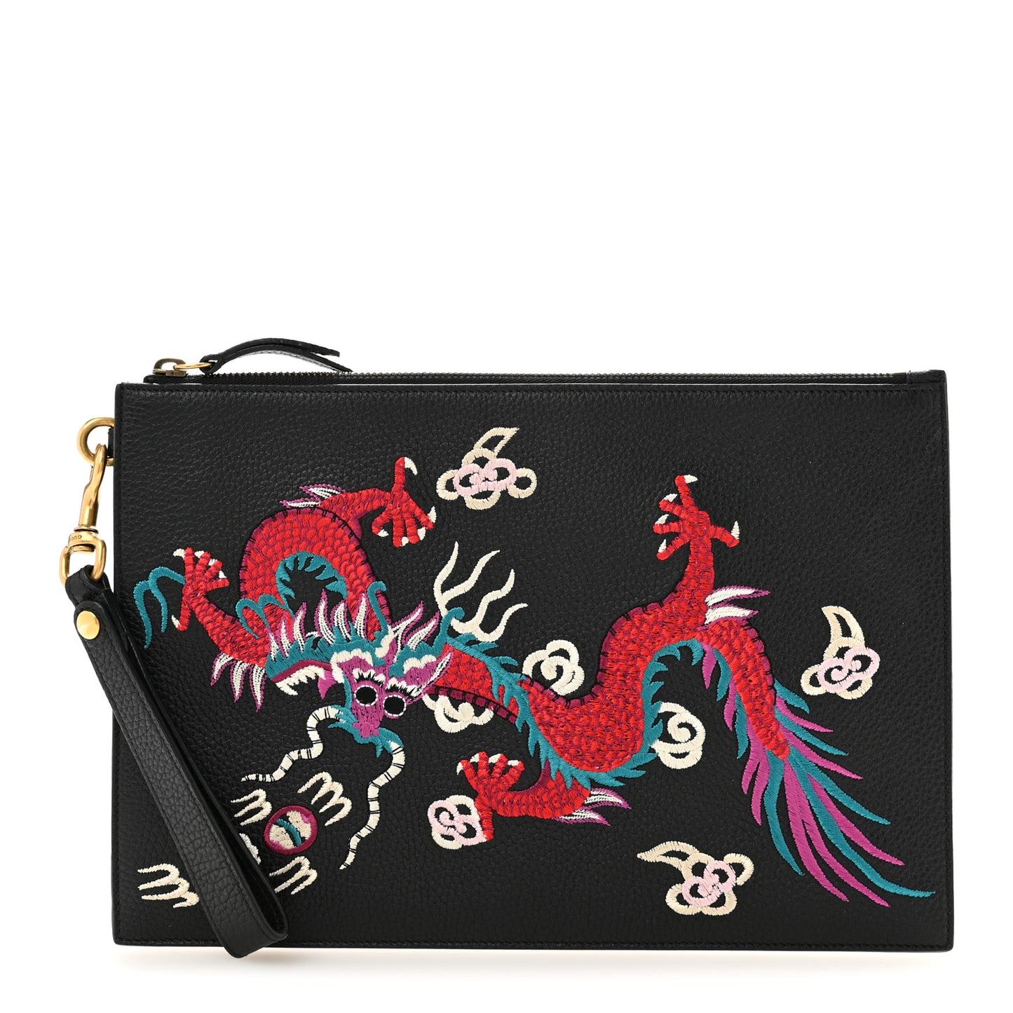 Calfskin Chinese Dragon Embroidered Zip Wristlet Pouch Multicolor Black