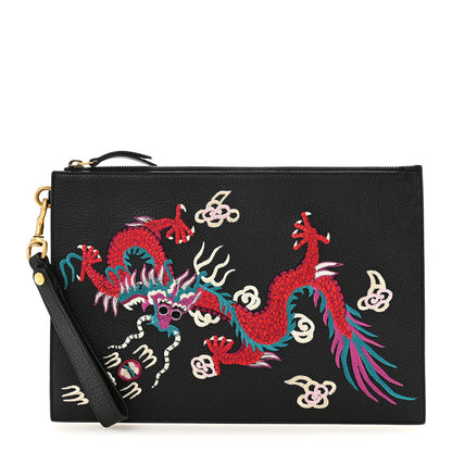 Gucci Calfskin Chinese Dragon Embroidered Zip Wristlet Pouch Multicolor Black 1 of 8
