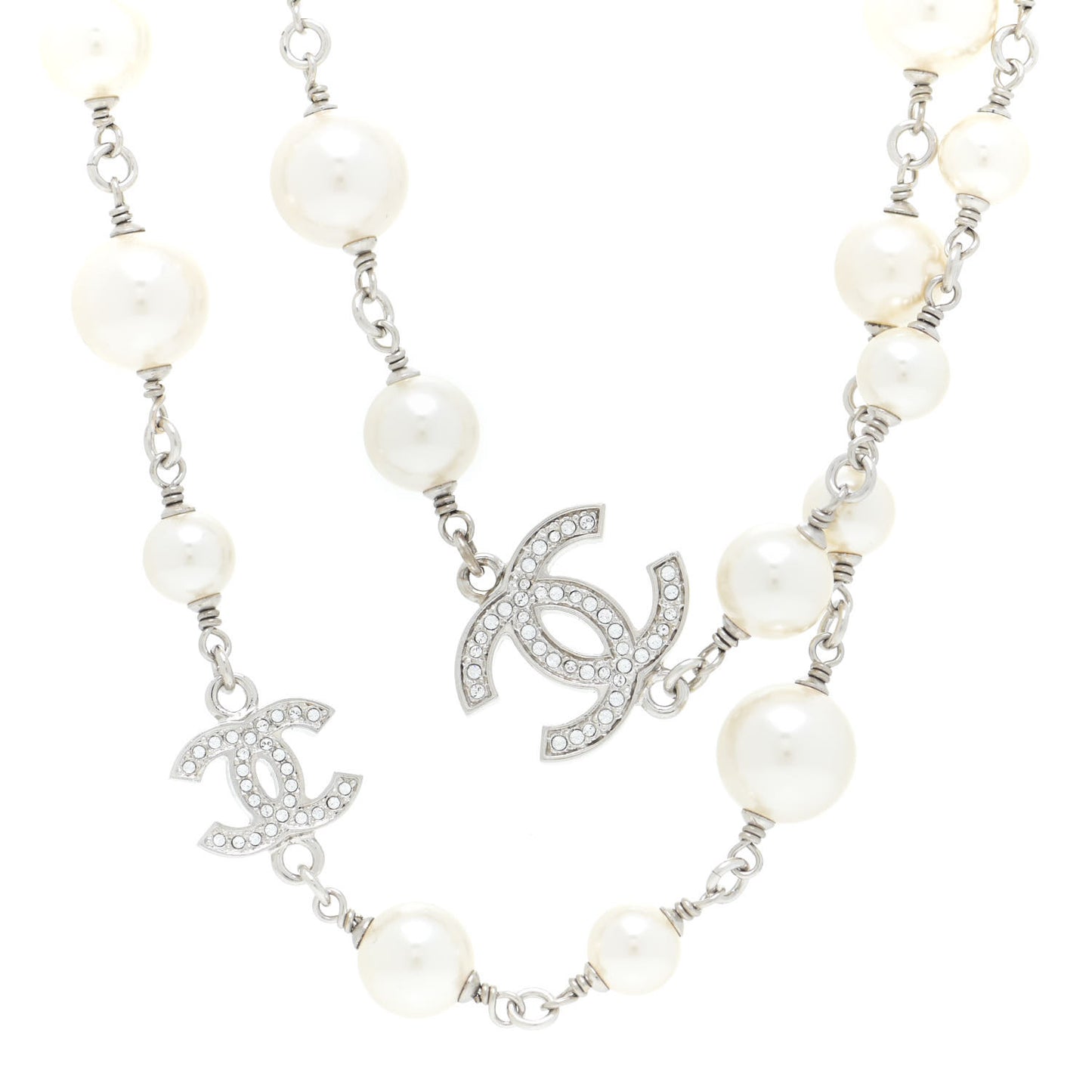 Crystal Pearl CC Long Necklace Silver