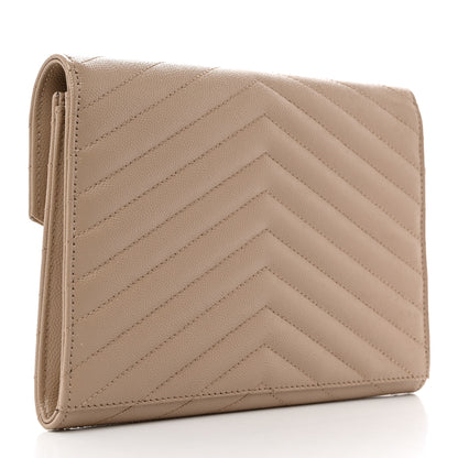 Saint Laurent Grain De Poudre Matelasse Chevron Monogram Envelope Clutch Dark Beige 3 of 8