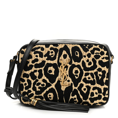 Saint Laurent Raffia Calfskin Leopard Print Monogram Lou Camera Bag Natural Beige Black 1 of 10