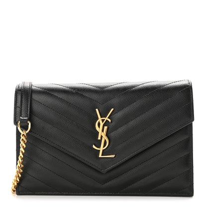 Saint Laurent Grain De Poudre Matelasse Chevron Monogram Envelope Chain Wallet Black 1 of 13