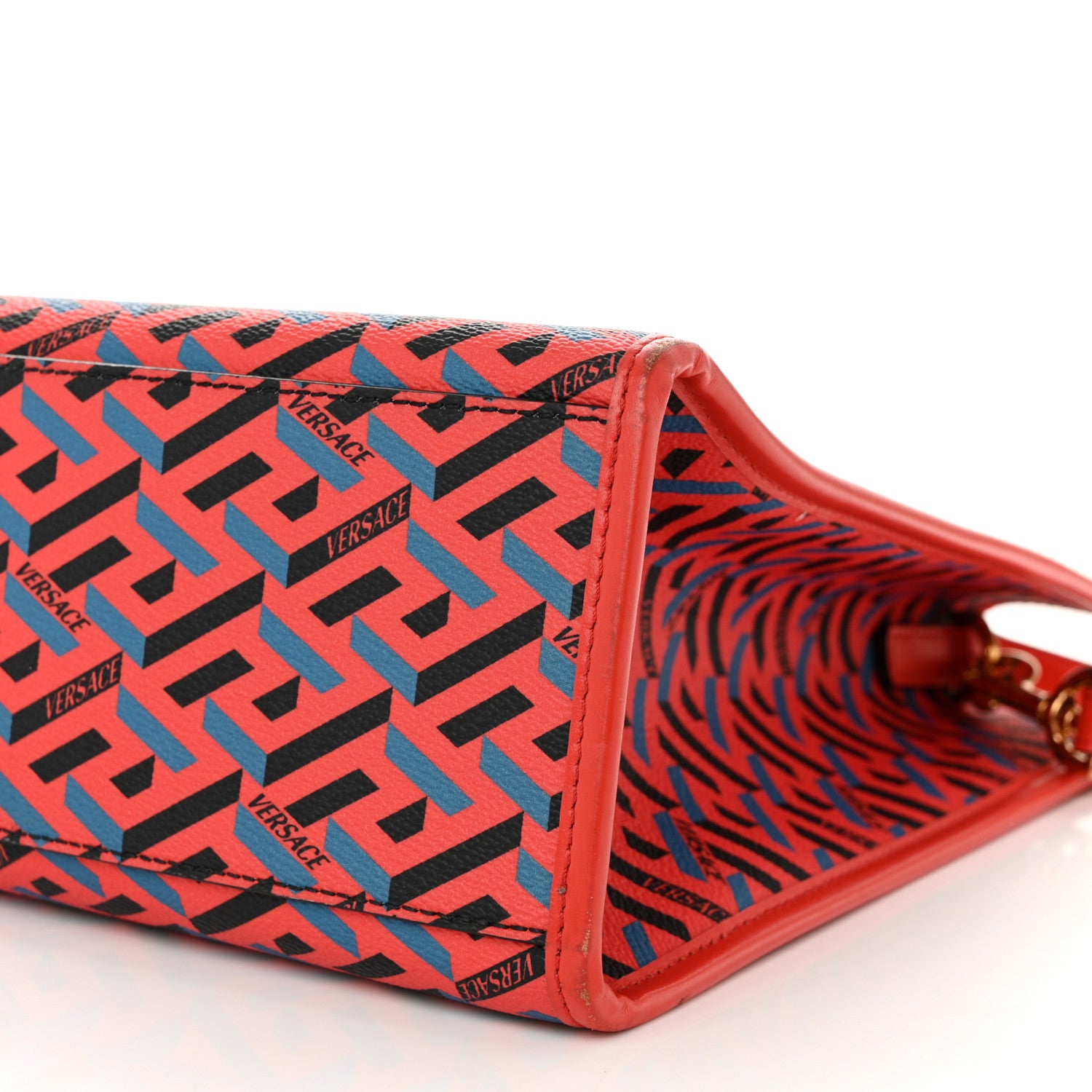 Versace Coated Canvas Calfskin La Greca Signature Tote Bag Blue Red 9 of 13