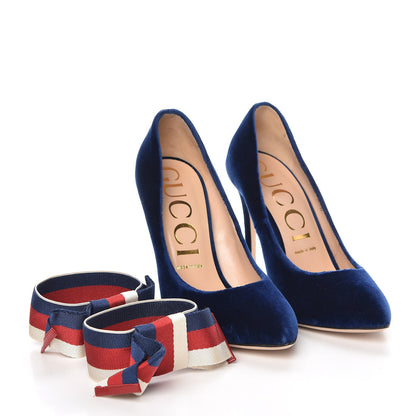 Gucci Velvet Removable Web Bow Pumps 39.5 Cobalt 8 of 11