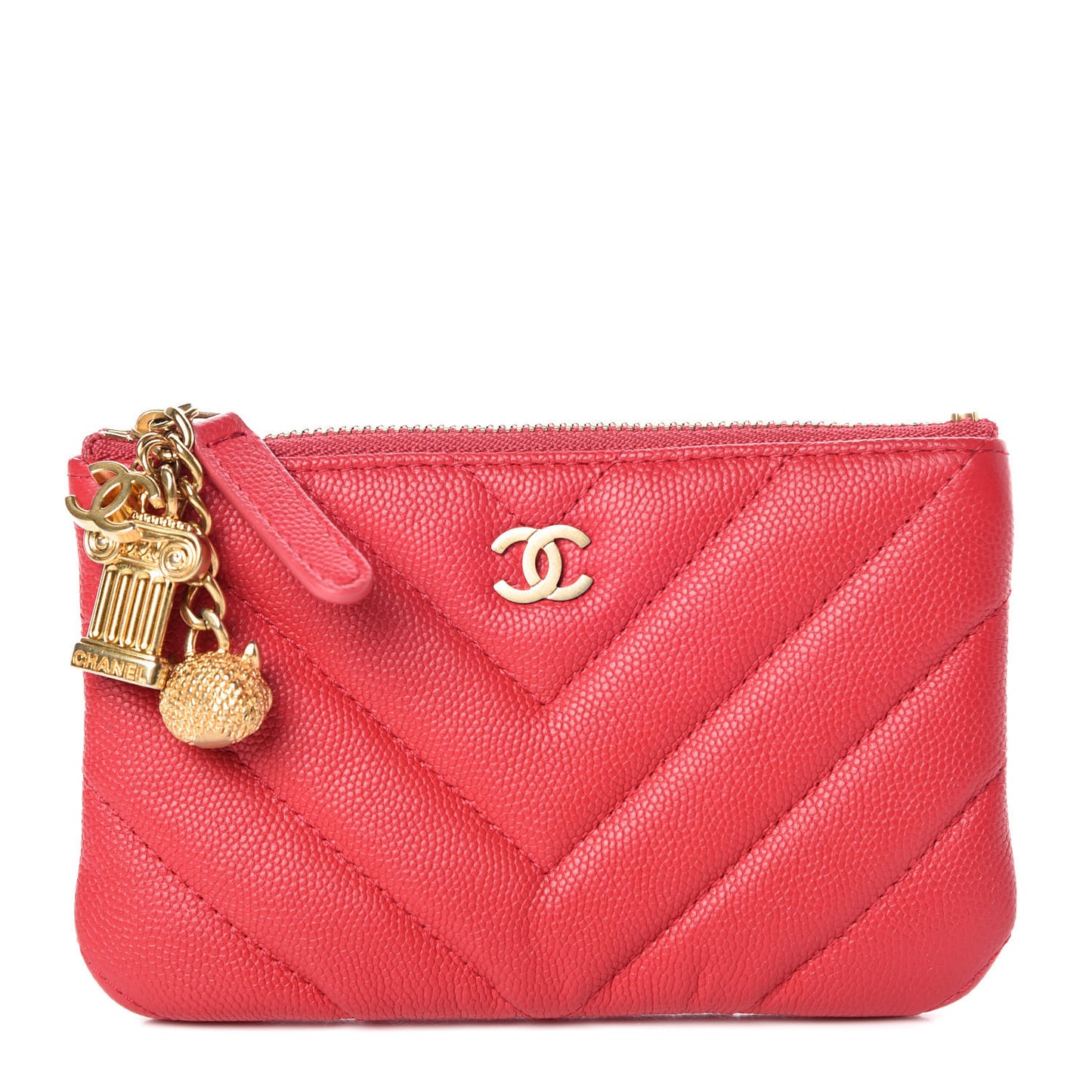 Caviar Chevron Quilted Small Ancient Greek Charms Cosmetic Case Dark Pink