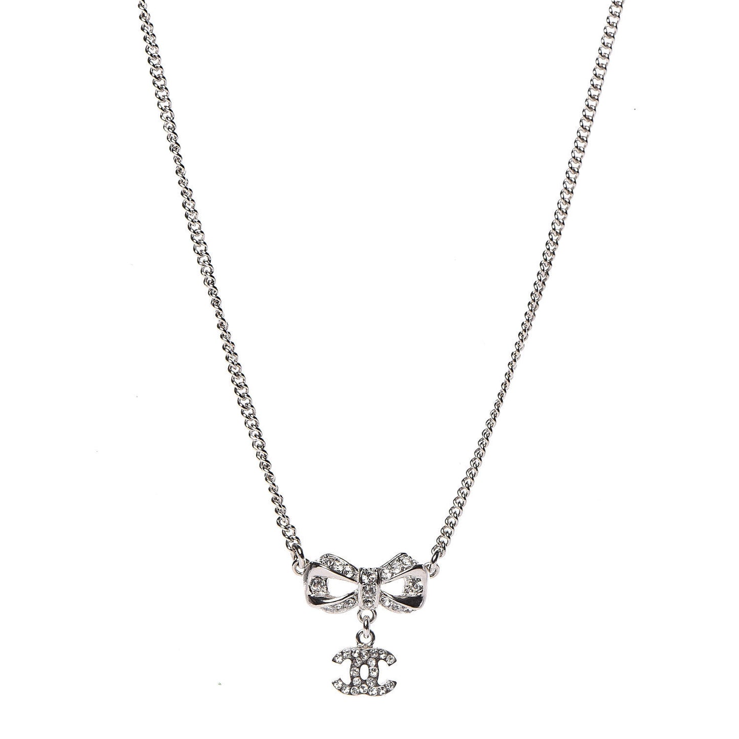 Crystal CC Bow Necklace Silver