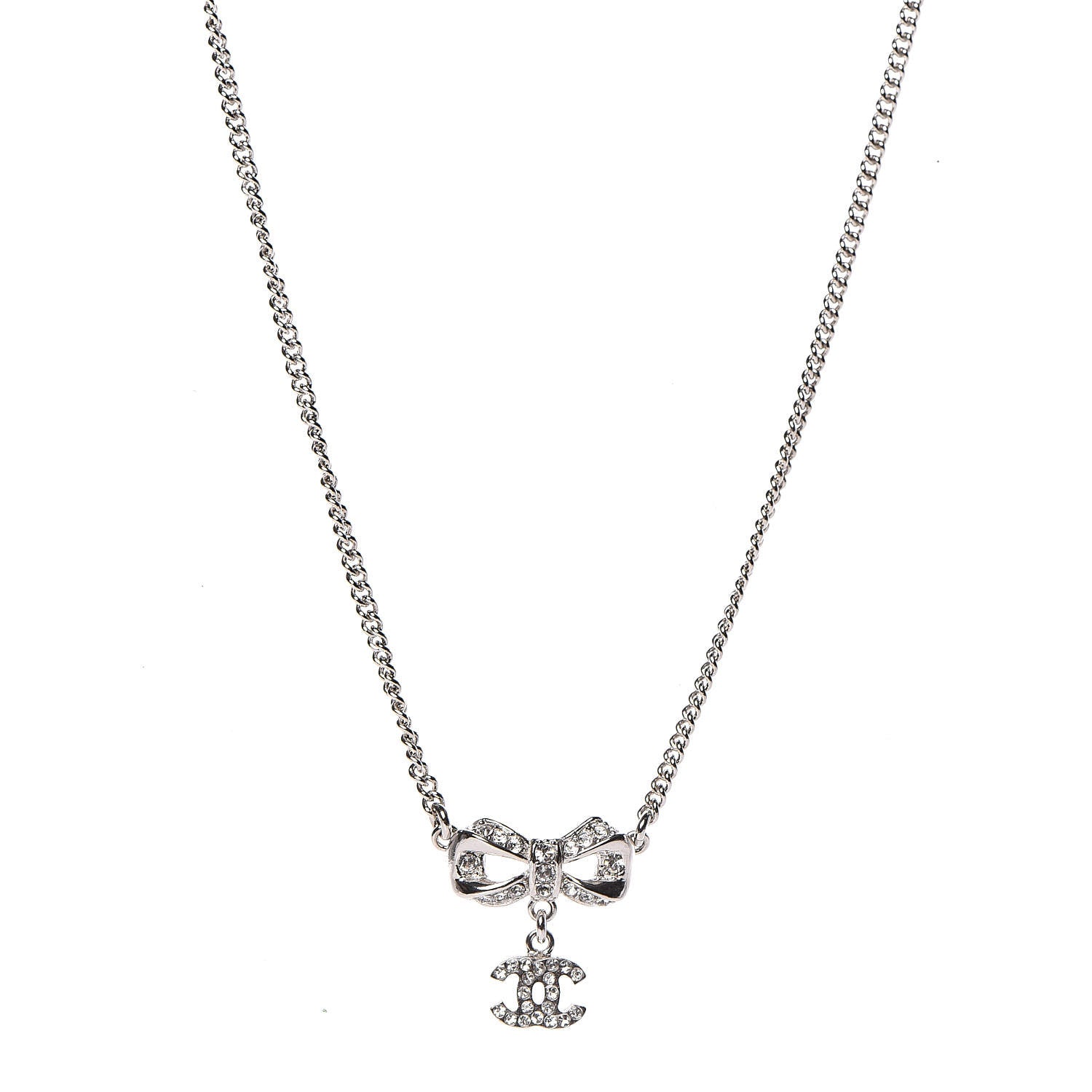 Chanel Crystal CC Bow Necklace Silver 1 of 5