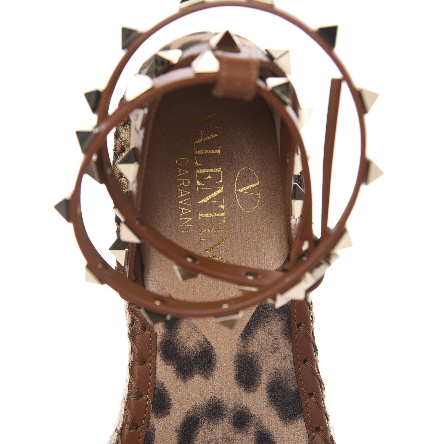 Valentino Garavani Canvas Leopard Print Rockstud Ankle Wrap Espadrille Flatform Sandals 36 Brown 6 of 8