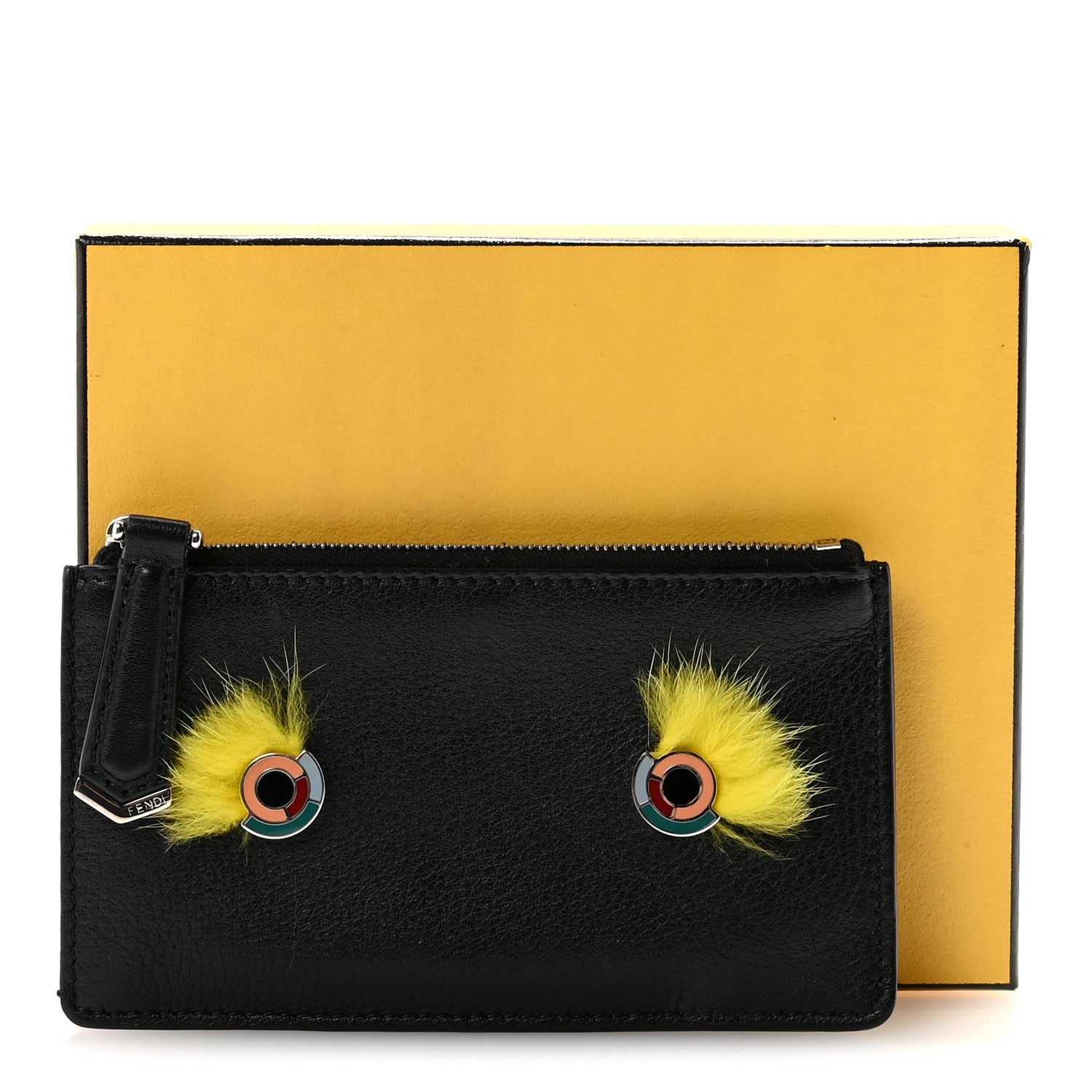 Fendi Vitello Dolce Mink Fur Hypnoteyes Zip Card Holder Black Yellow 7 of 7