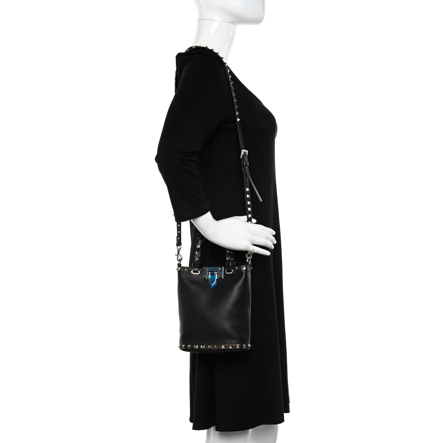 Grainy Calfskin Mini Rockstud Flip Lock Tote Black