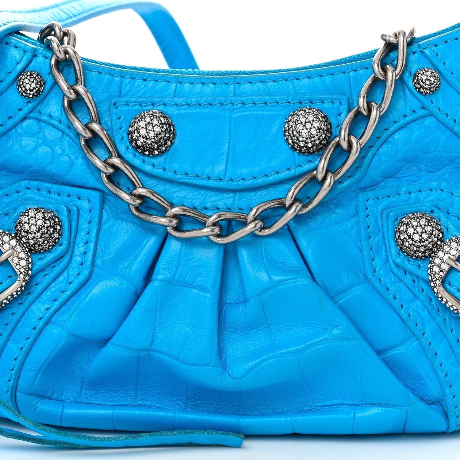 Balenciaga Extra Supple Calfskin Crocodile Embossed Crystal Mini Le Cagole Purse With Chain Cyan 9 of 11
